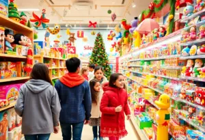 Interior of Toys R Us store filled with toys and families shopping
