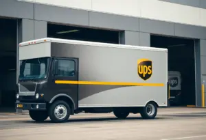 UPS delivery truck outside a warehouse representing job cuts