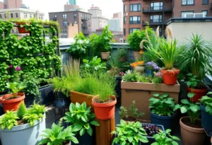 A lush urban garden in a small New York City space featuring vertical gardens and container gardens.