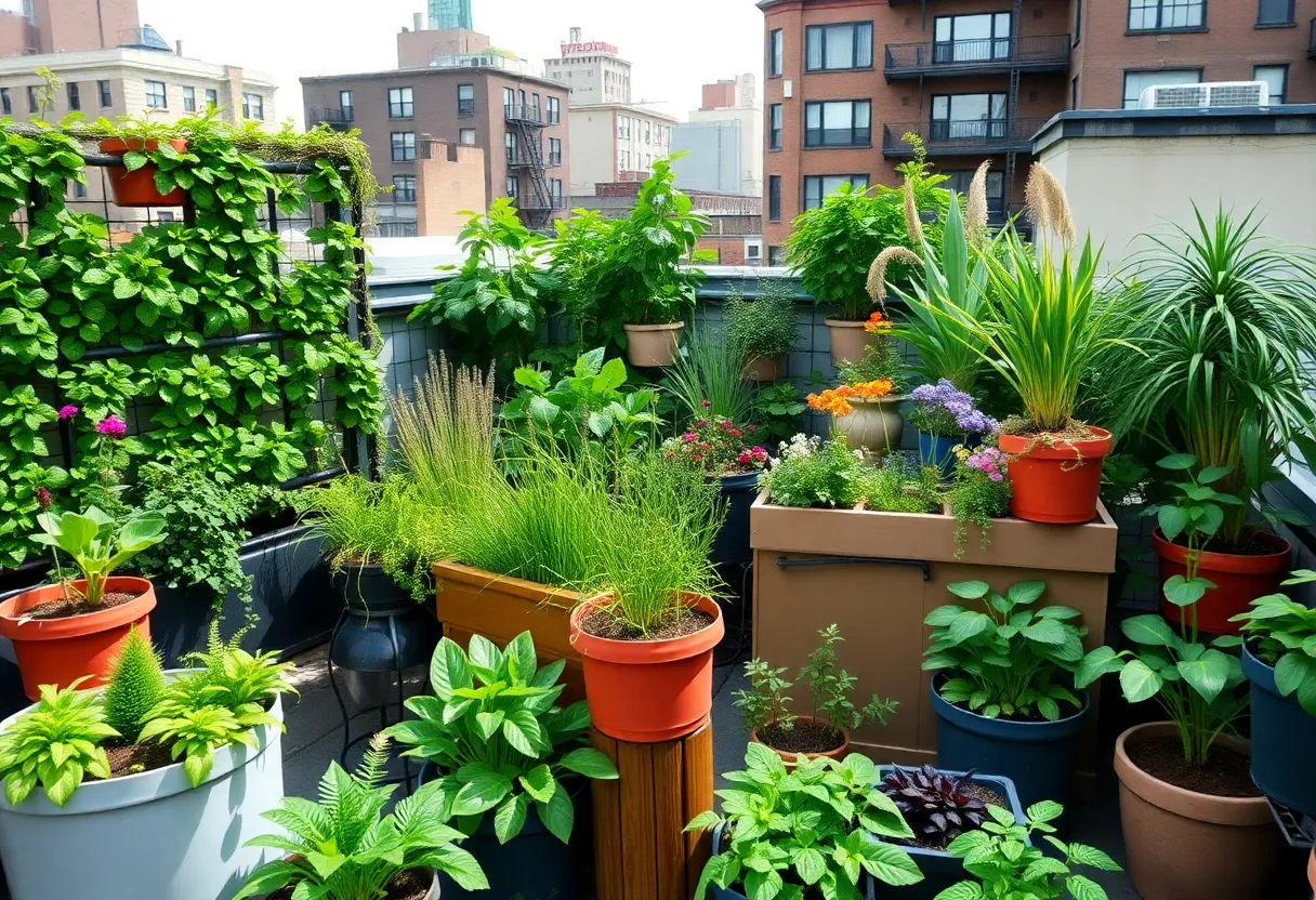 A lush urban garden in a small New York City space featuring vertical gardens and container gardens.