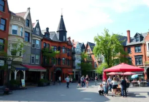 A picturesque neighborhood in Montreal, Canada, with local architecture and outdoor activity.