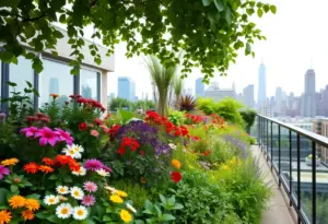 Vibrant rooftop garden showcasing various plants against the New York City skyline