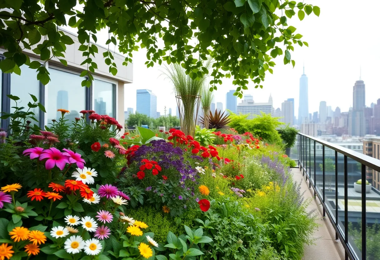 Vibrant rooftop garden showcasing various plants against the New York City skyline