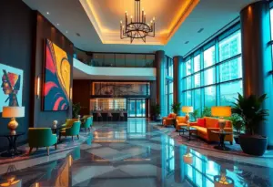 A vibrant hotel lobby with modern art and luxurious seating