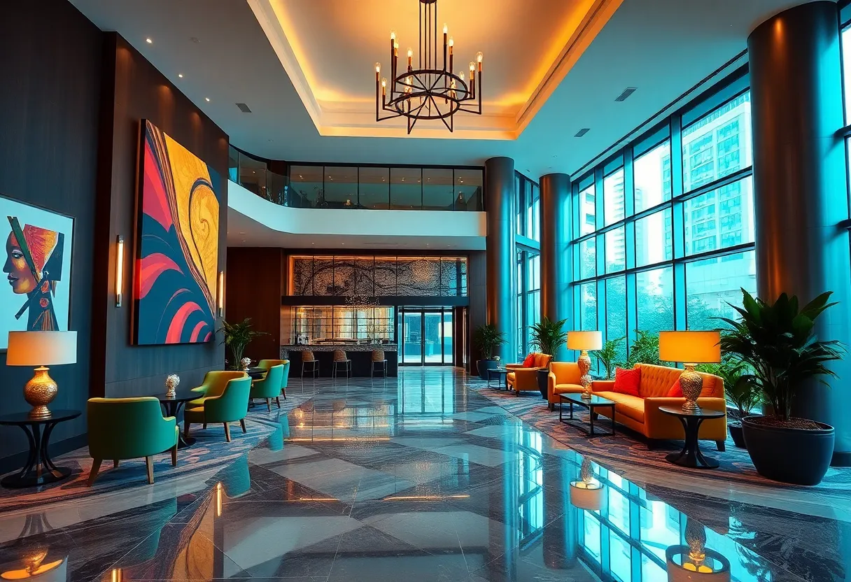 A vibrant hotel lobby with modern art and luxurious seating