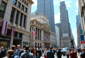 Energetic Wall Street financial district with professionals and buildings