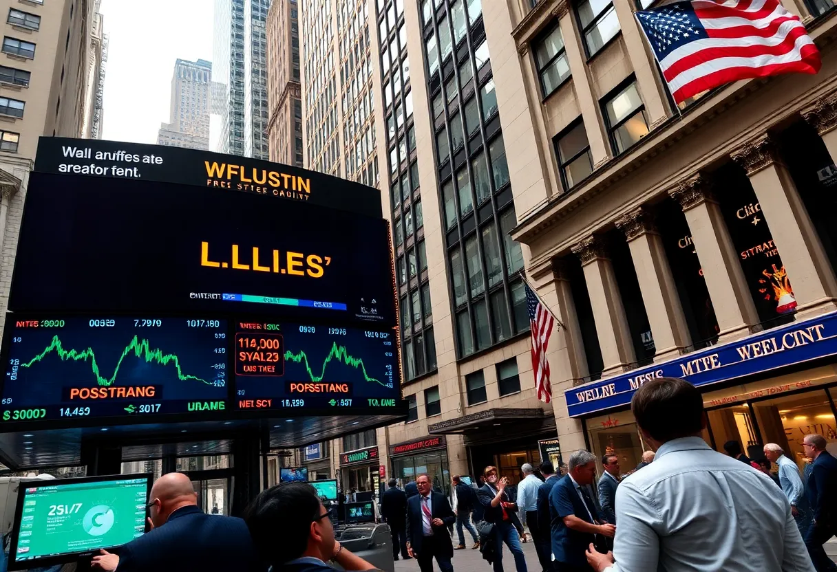 Traders on Wall Street with stock tickers showing positive earnings