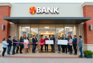 Exterior view of Wells Fargo branch in Lake Grove with a ribbon-cutting event