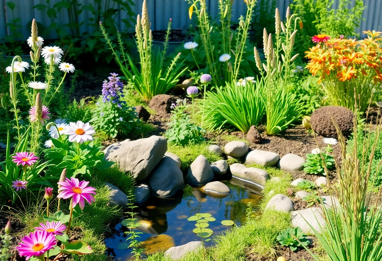 A beautiful wildlife-friendly garden in New York with native plants and a pond.