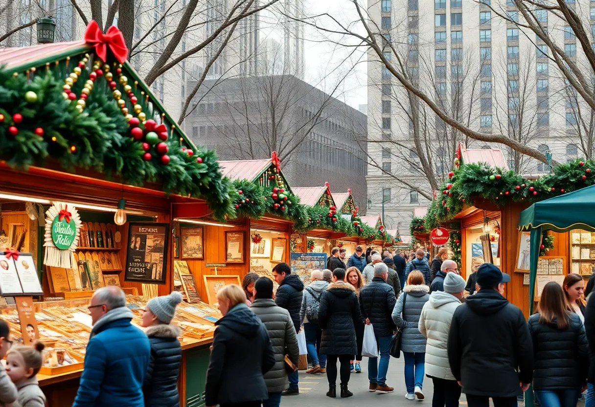 Holiday market at Bryant Park in New York City featuring local businesses.