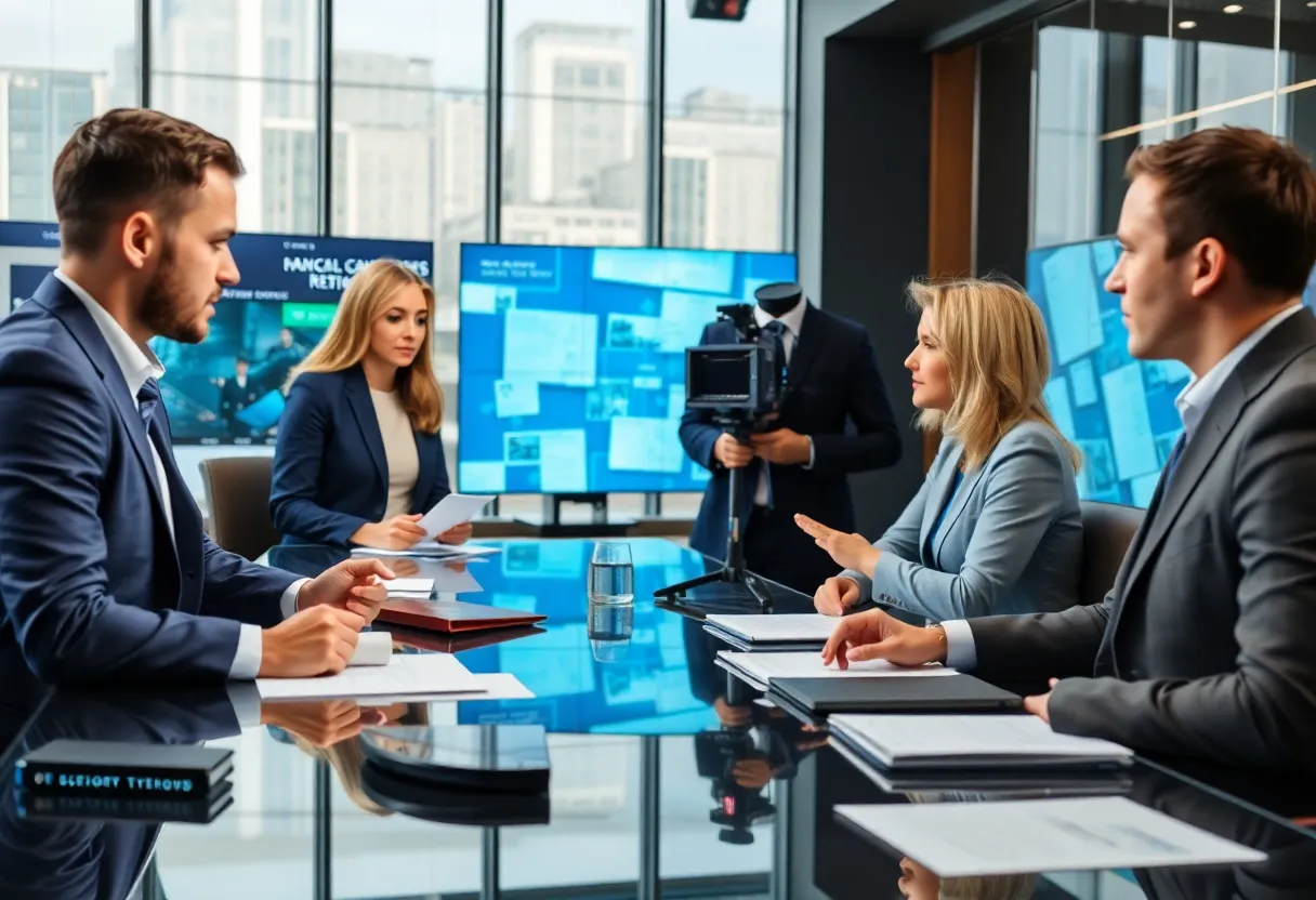 Reporters working in a high-tech newsroom environment focused on technology issues.