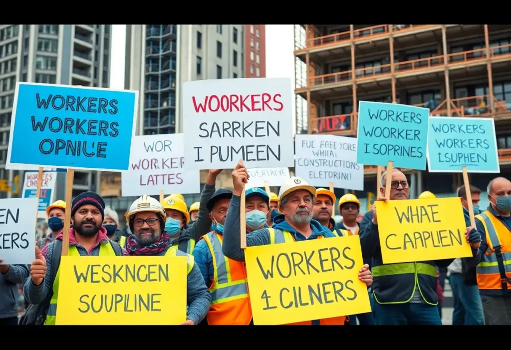 Construction workers protesting for their rights with signs