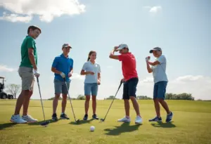 Young golfers training on a golf course in Long Island