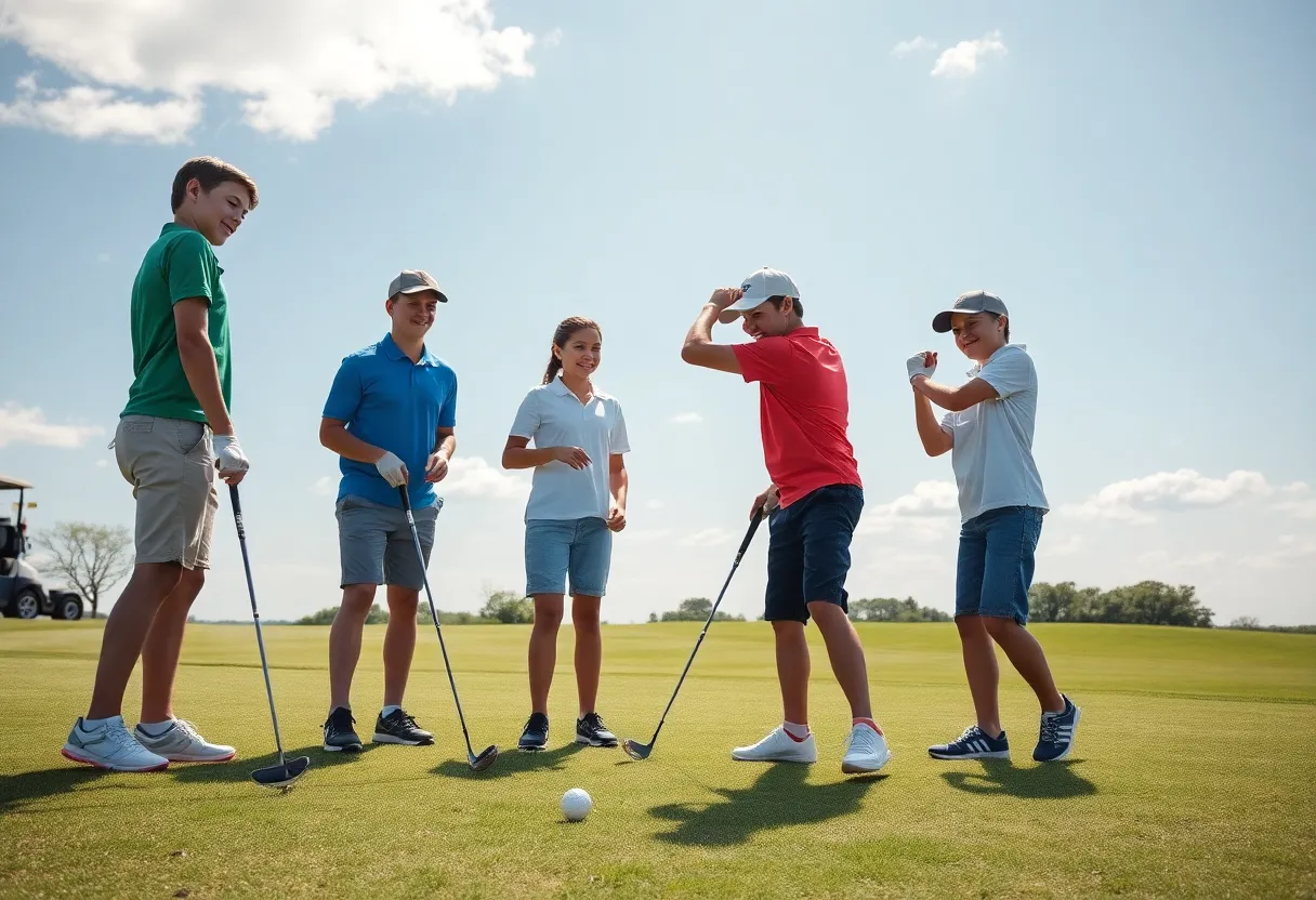 Young golfers training on a golf course in Long Island