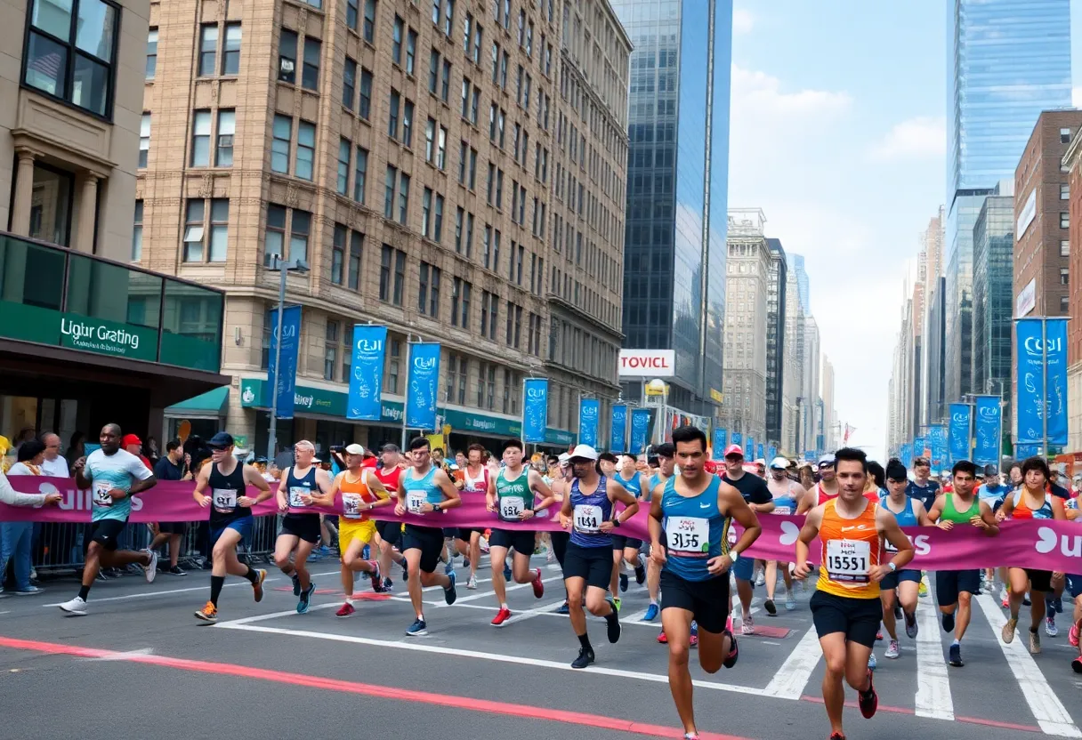 Marathon runners crossing the finish line in New York City