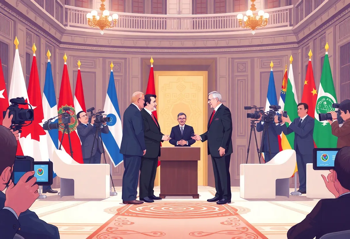Illustration of a political meeting between two leaders with international flags.