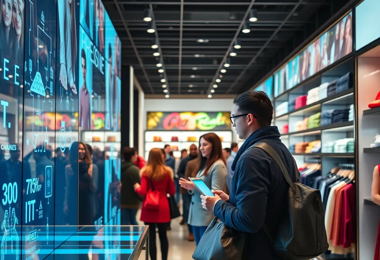 Customers using A.I. technology in a retail store in NYC for holiday shopping.