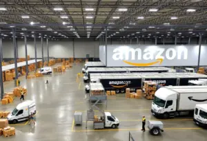 Amazon delivery facility in Pembroke, New York with trucks and employees