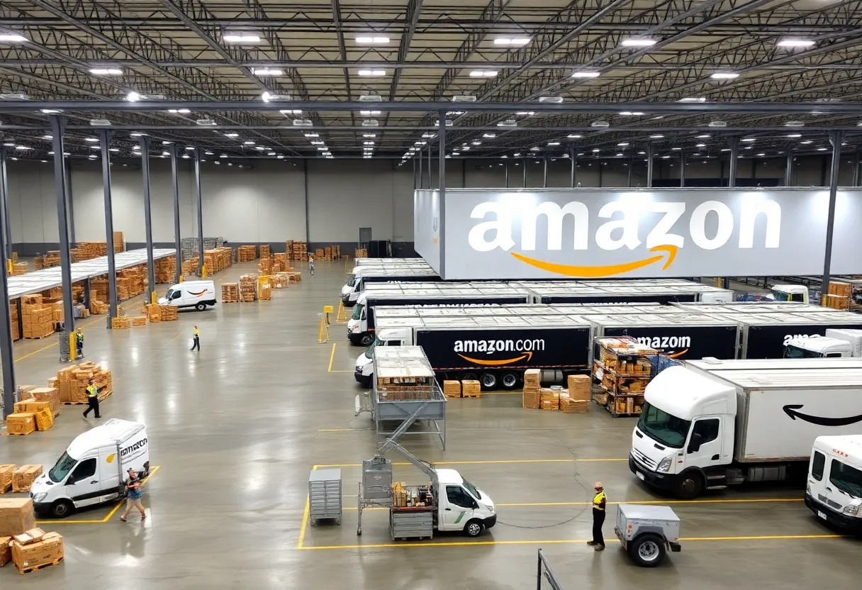 Amazon delivery facility in Pembroke, New York with trucks and employees