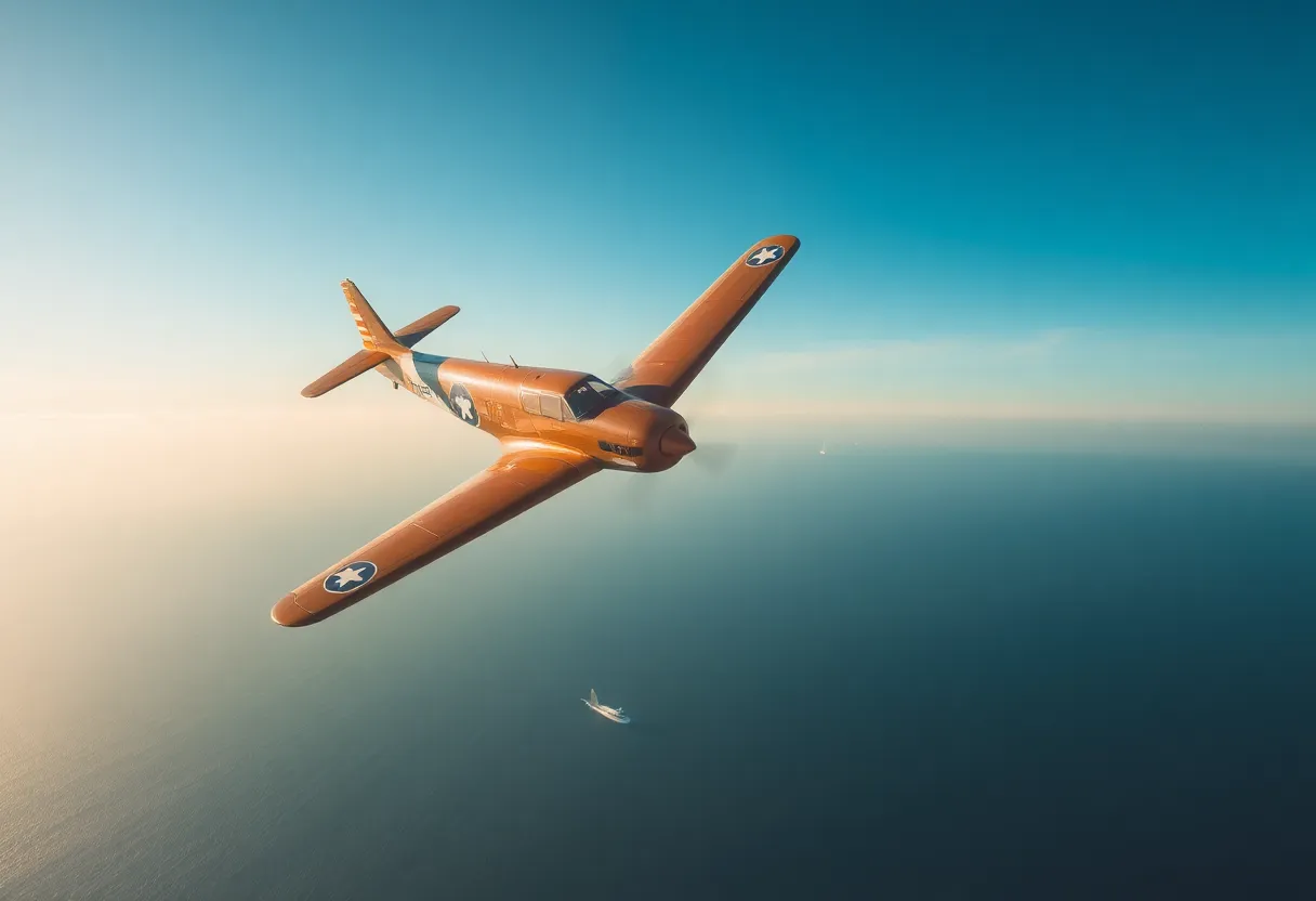 Artistic representation of a vintage aircraft flying over the Pacific Ocean.