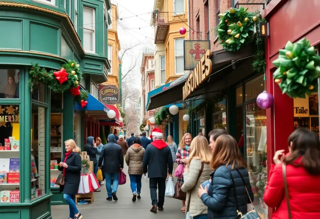 Vibrant holiday shopping scene in Astoria during the Shop Small Retail Crawl.