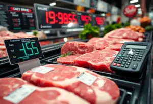 Fresh cuts of beef in a market with a calculator showing rising prices