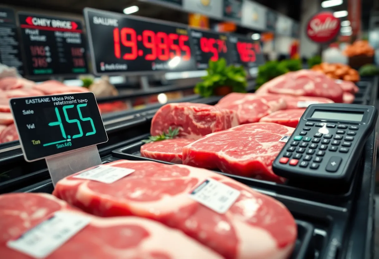Fresh cuts of beef in a market with a calculator showing rising prices