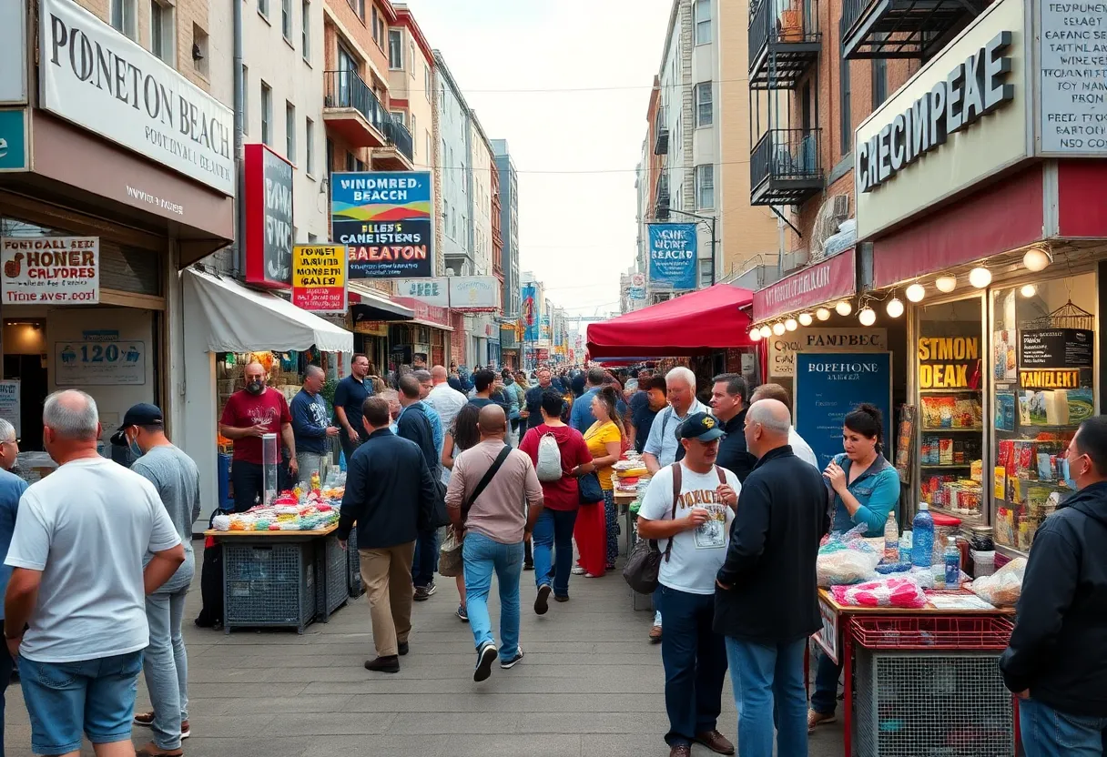 Brighton Beach street vendors amidst local businesses