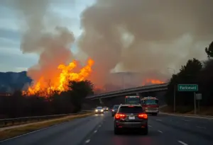 Firefighters extinguishing a brush fire near Grand Central Parkway