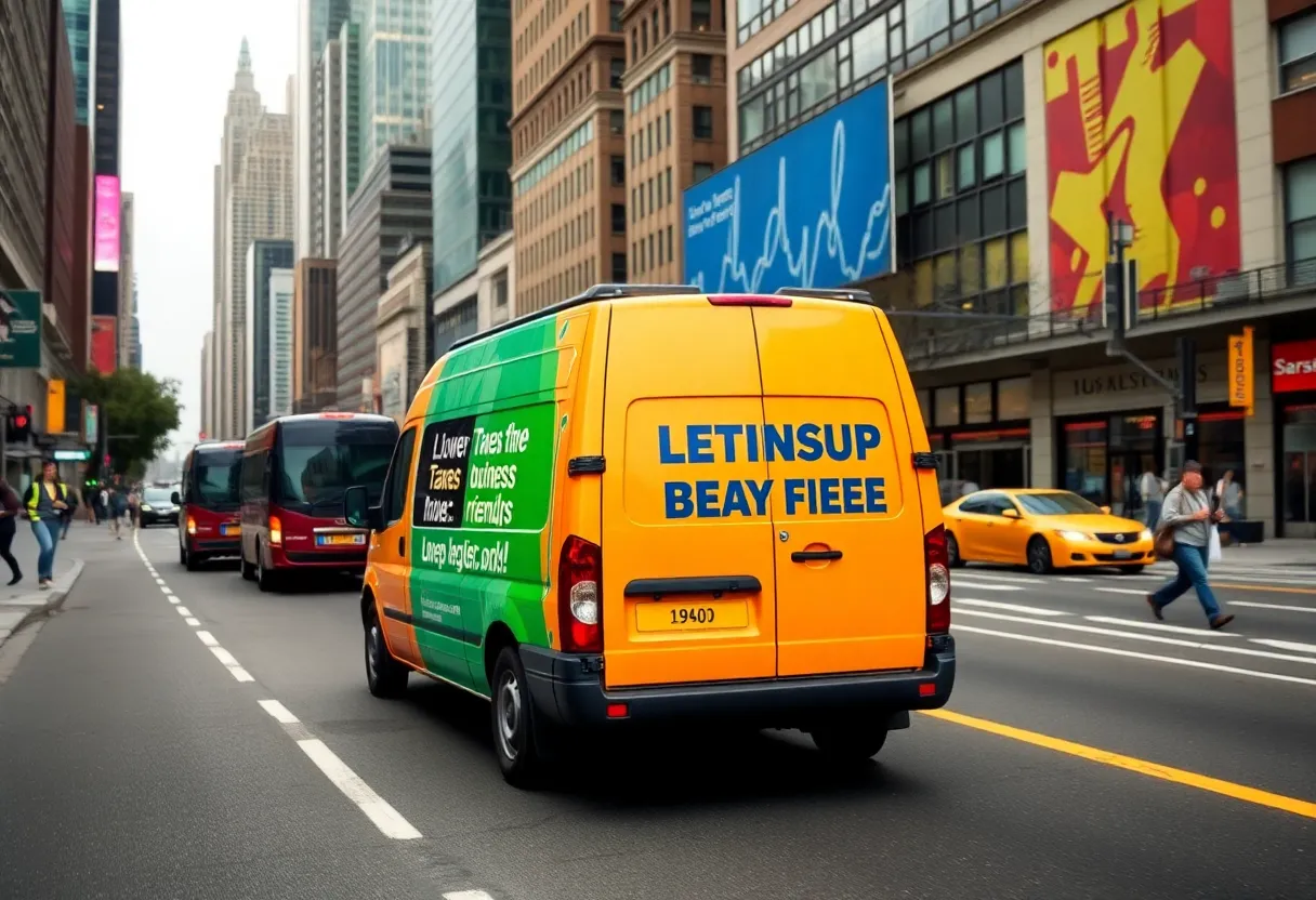 Van promoting business relocation in NYC