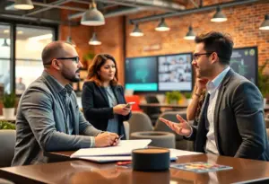 Small business owners in Rochester discussing business risks and strategies with technology elements.
