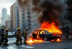 Firefighters extinguishing a car fire in Chelsea, Manhattan