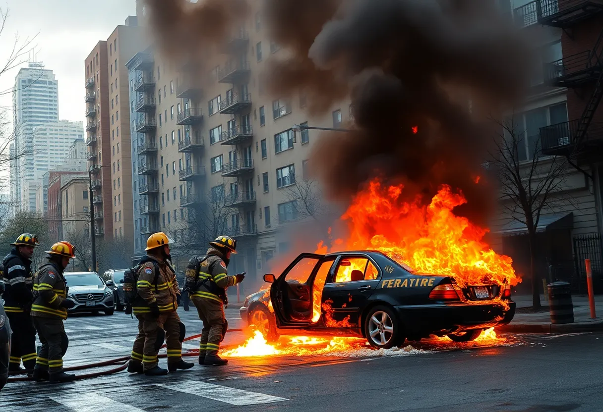 Firefighters extinguishing a car fire in Chelsea, Manhattan
