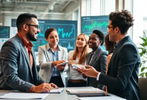 Financial professionals collaborating in an office environment