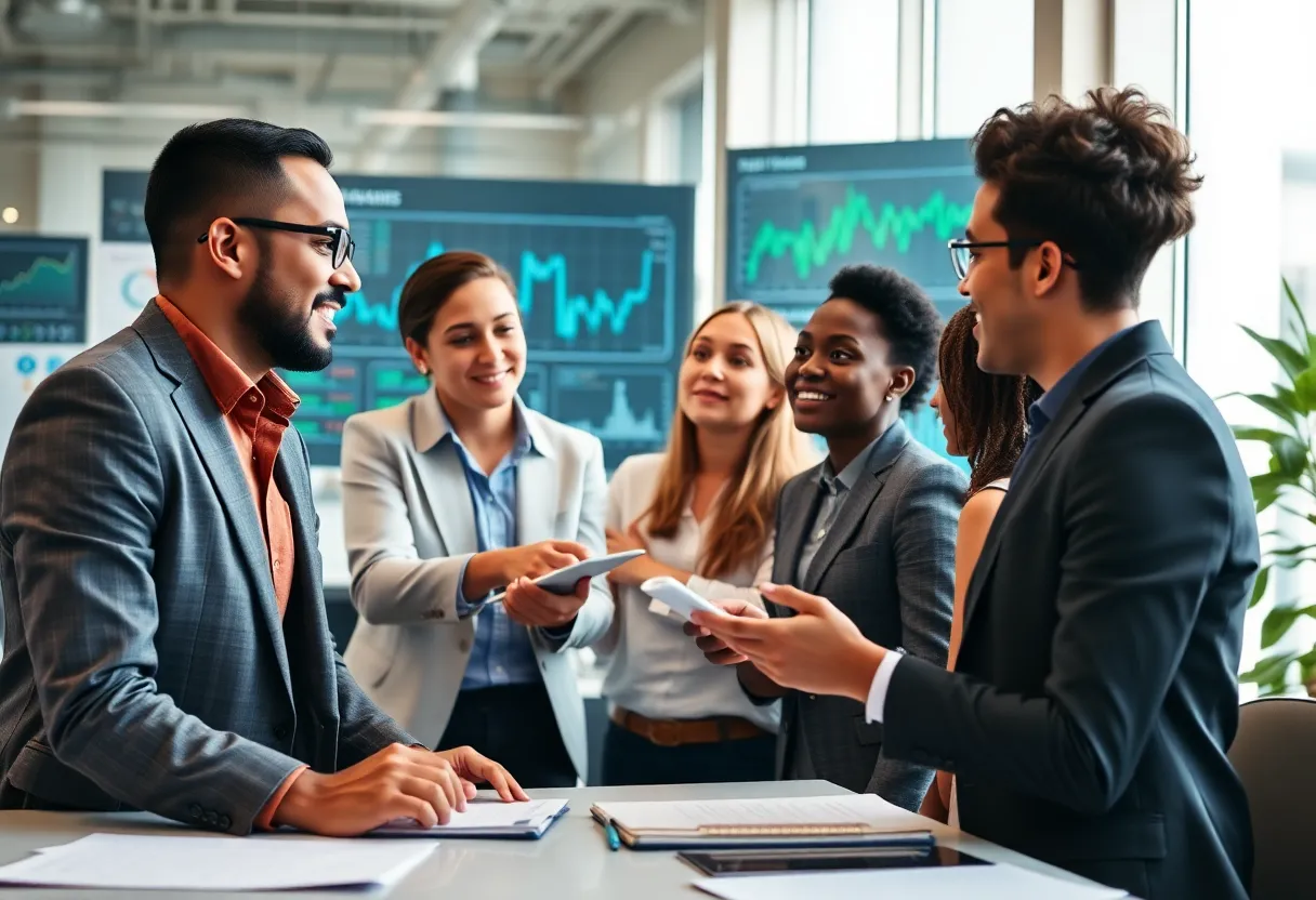 Financial professionals collaborating in an office environment
