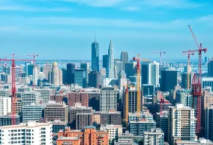 Construction cranes in a city landscape with empty office buildings