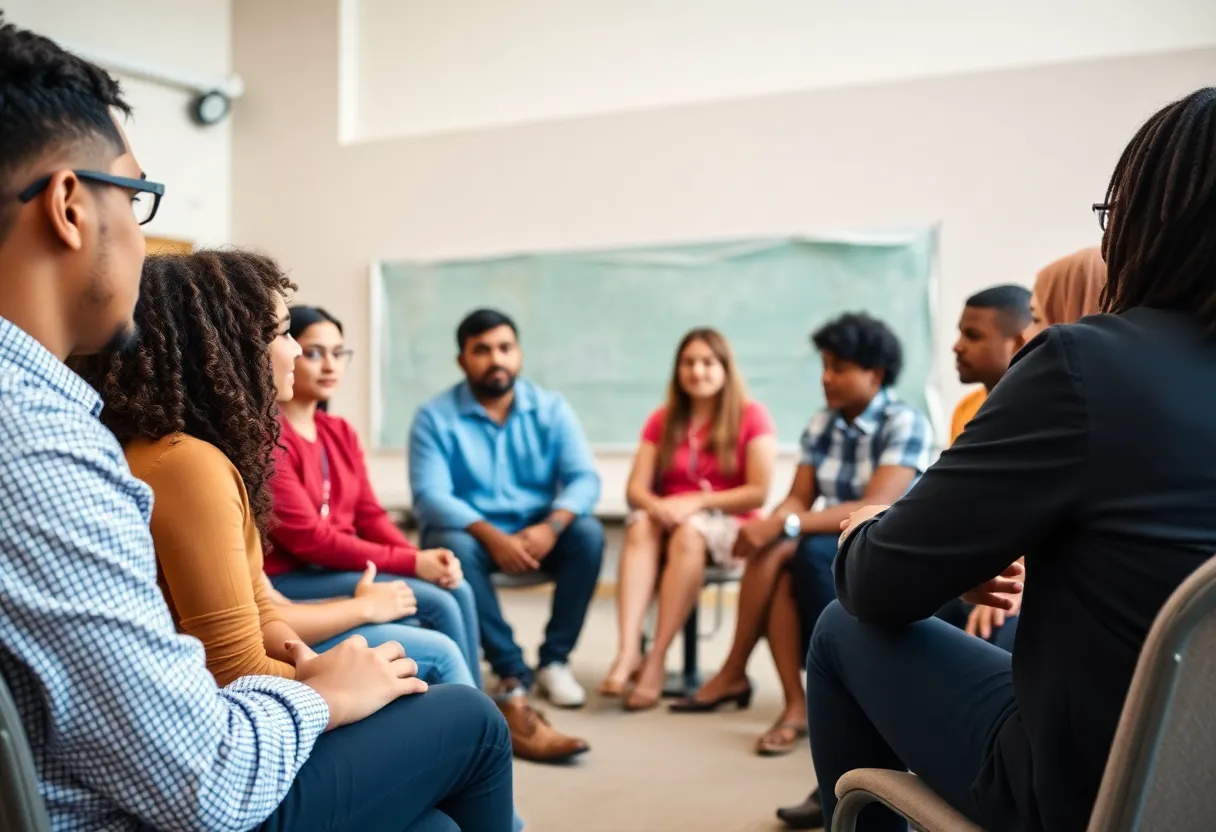 A diverse group of community members engaged in a discussion about educational governance.