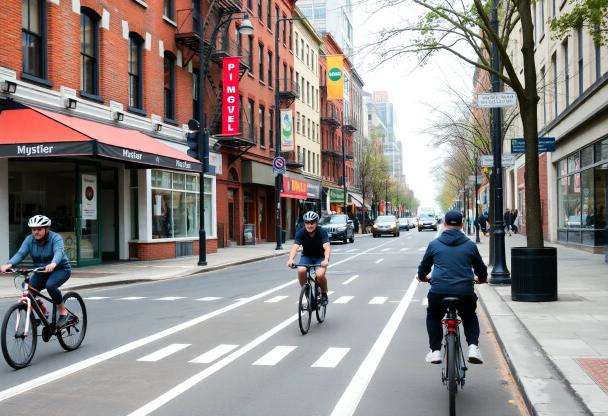 View of the protected bike lane on Court Street, Brooklyn, with cyclists and storefronts.