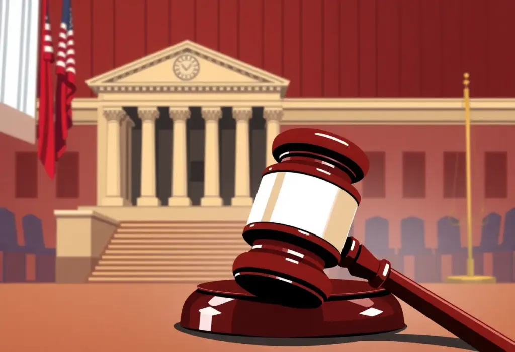 Courtroom illustration with gavel and federal building background