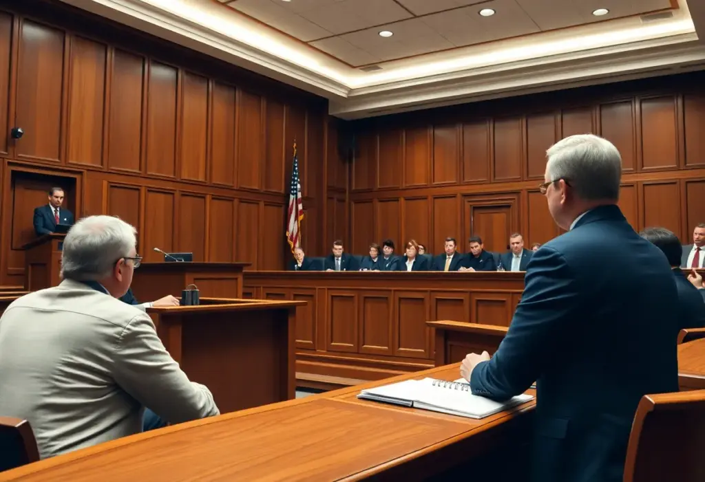 A courtroom during a retrial with a judge and lawyers