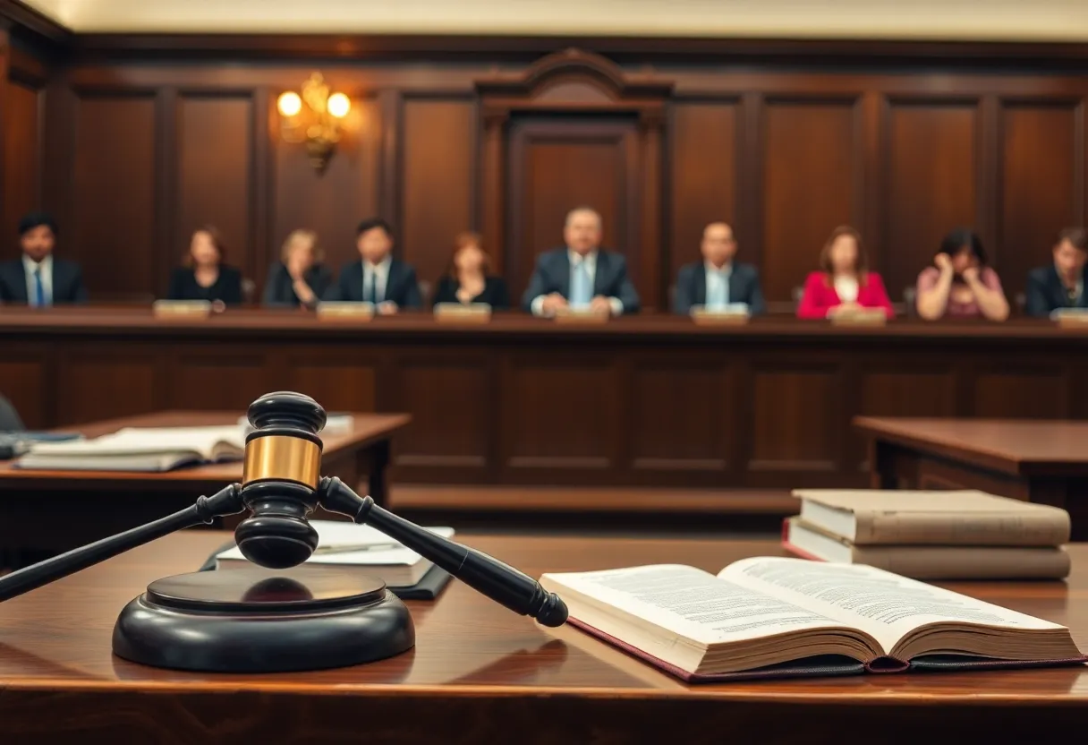 A courtroom scene depicting a trial, emphasizing the judicial process and legal proceedings.