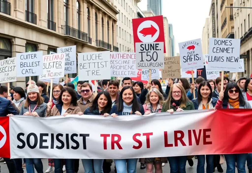Campaigners for the Communist Party USA in an urban environment promoting socialist values.