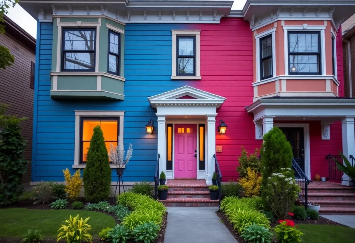 Residential home with enhanced curb appeal featuring bold colors and landscaping