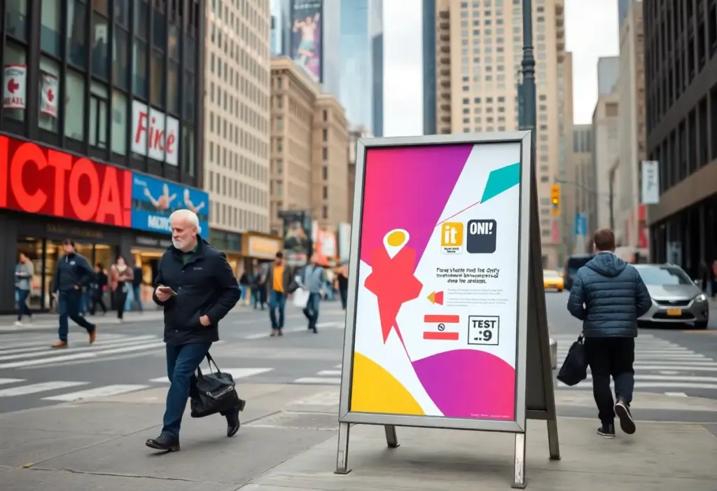 A custom A-frame sidewalk sign in New York City showcasing clear messaging amidst busy street activity.