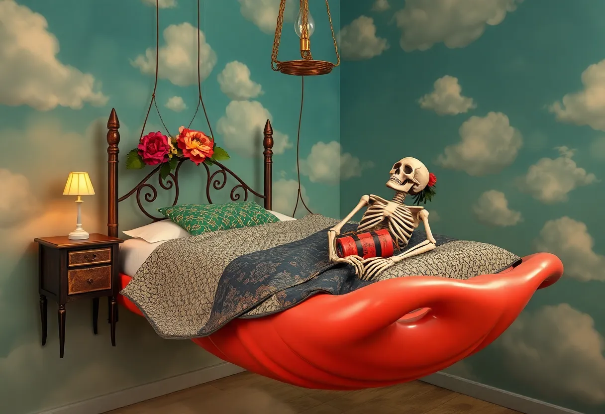 A surreal painting inspired by Frida Kahlo, depicting a floating bed and symbolic elements.