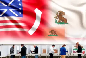 Collage of state flags representing New York, New Jersey, Virginia, California with voters.