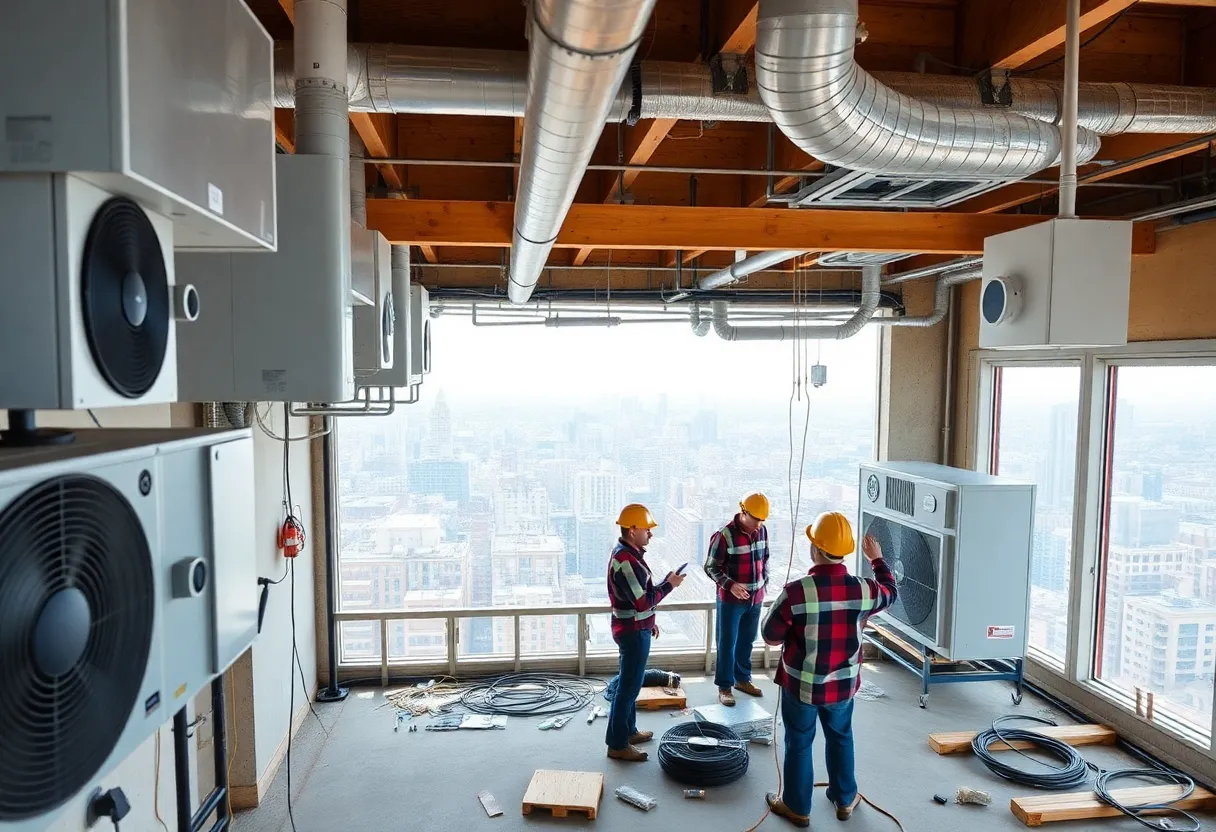 Workers installing electric heating and cooling systems at a New York construction site.