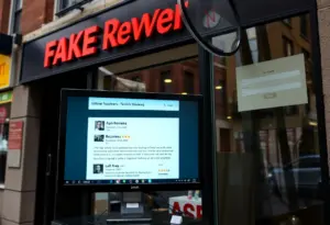 Illustration of a New York City storefront affected by fake reviews.