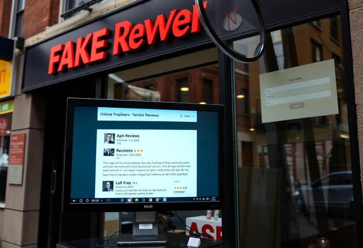 Illustration of a New York City storefront affected by fake reviews.