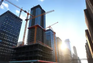 Construction site in Manhattan's Financial District with cranes